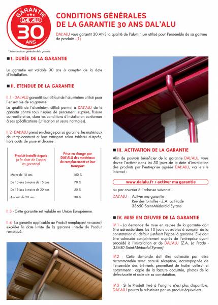 30 ans de garantie pour tous les produits de la marque Dal'alu