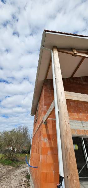 Gouttières corniche traditionnelle G300 avec descentes 60x80, sous-faces PVC et bandeaux en aluminium couleur blanche par des professionnels à Luë